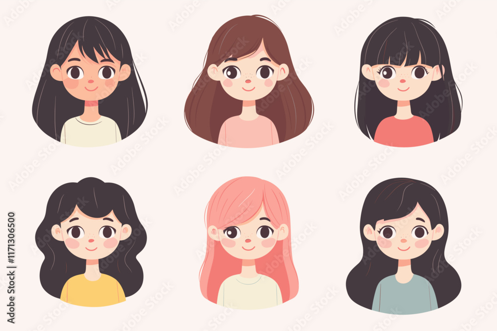 A set of girl cartoon vector icon illustrations flat style. A set of girl cartoon vector icon illustrations flat style.