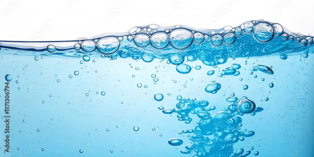 Fresh Blue Water Wave with Bubbles on White Background - Natural Hydration Panorama Fresh Blue Water Wave with Bubbles on White Background - Natural Hydration Panorama