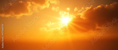 Golden sunset with sun rays through clouds.