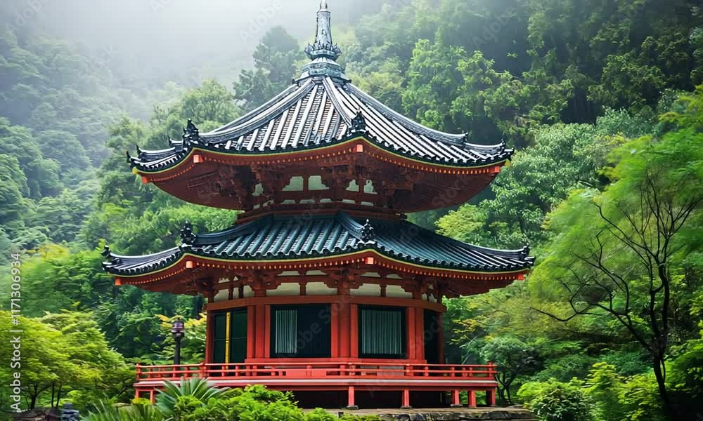 Serene Two-Story Pagoda Nestled in Lush Japanese Mountainside Serene Two-Story Pagoda Nestled in Lush Japanese Mountainside