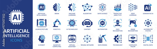 Artificial intelligence  - Icon Collection. Thin Line Set contains such Icons as Ai Architecture, Brain, Robotics, Machine Learning, Ai Technology, Algorithm and more. Simple web icons set.