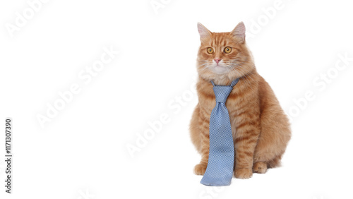 Ginger Cat wearing blue tie . Funny gentleman cat in a blue tie. Copy space. Smart cat. Day of knowledge, study, science student.