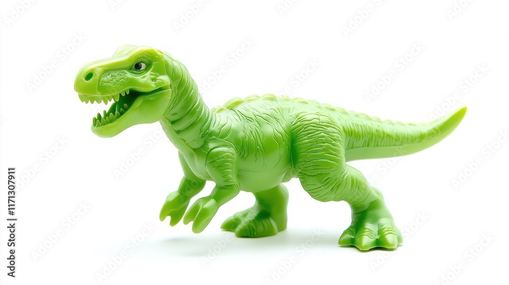 Obraz premium A green plastic dinosaur toy, resembling a T-Rex, positioned for play or display.