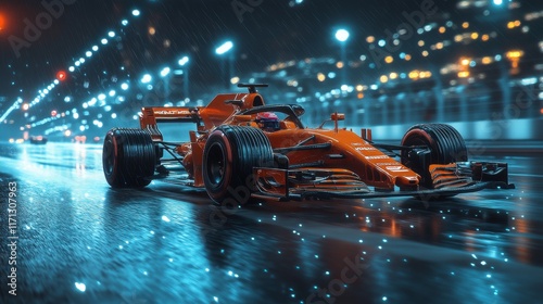 Orange Formula 1 race car speeding on a wet track at night.
