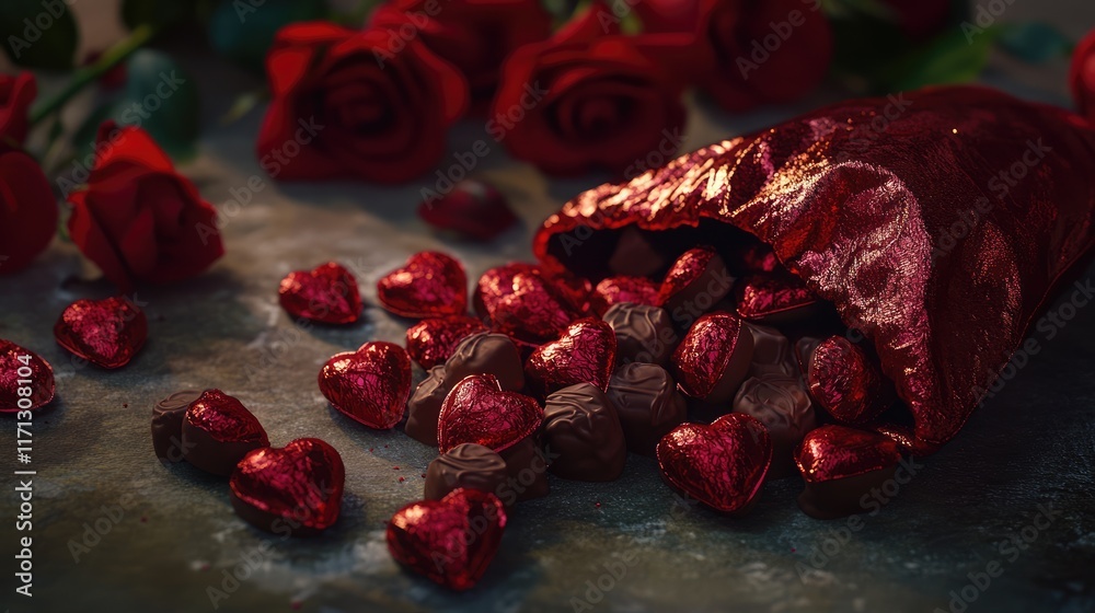 Fototapeta premium Heart-shaped chocolates wrapped in red foil, spilling from a velvet pouch onto a rose-covered table