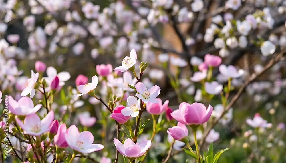 Delicate pink and white blossoms adorn a flowering tree branch Delicate pink and white blossoms adorn a flowering tree branch