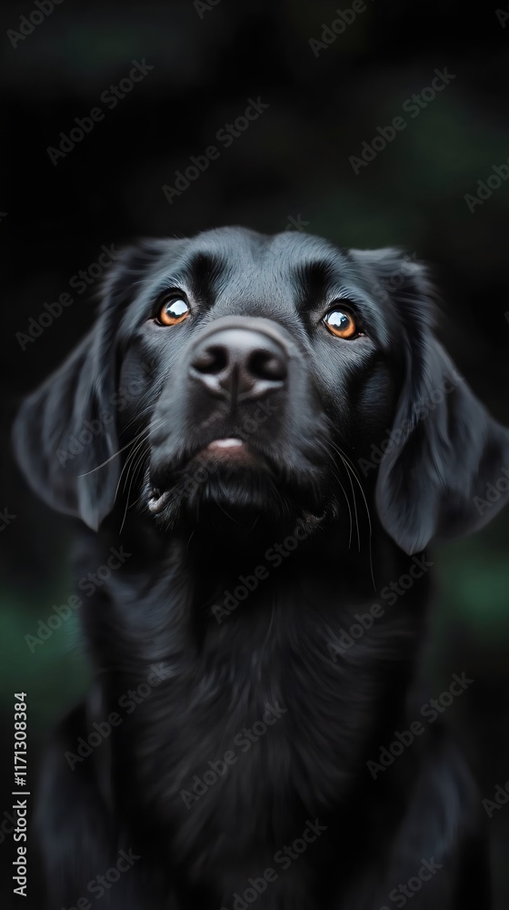 A close-up portrait of a black dog with expressive brown eyes, conveying curiosity and attention against a dark background.