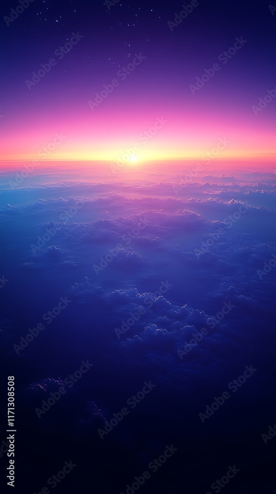 Obraz premium Aerial view of vibrant sunset above clouds.