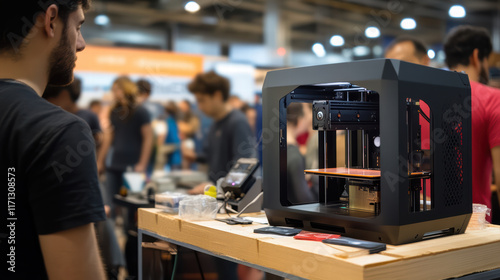 3D printing demonstration at tech fair, showcasing printer in action. audience is engaged, highlighting innovation and technology in vibrant atmosphere
