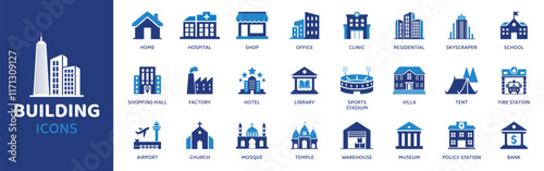 BUILDING  - Icon Collection. Thin Line Set contains such Icons as House, Office, Bank, School, Hotel, City, Villa, Hospital and more. Simple web icons set.