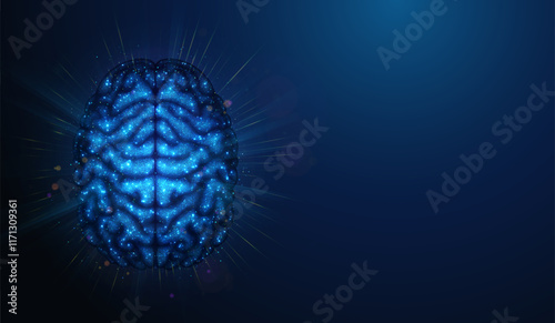 Abstract top view illustration of human brain made of glowing neon particles. Blue geometric background depicting human brain healthcare medical concept