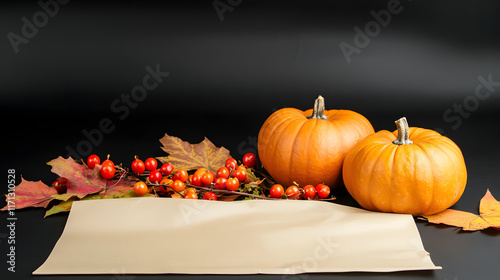 flat lay of vibrant pumpkins, colorful fall leaves, and berries creates warm autumn atmosphere. Perfect for seasonal decor or harvest themed projects photo