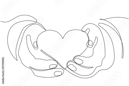 Continuous one line drawing hand holding heart. Charity donation linear symbol. Vector isolated on white. Vector illustration