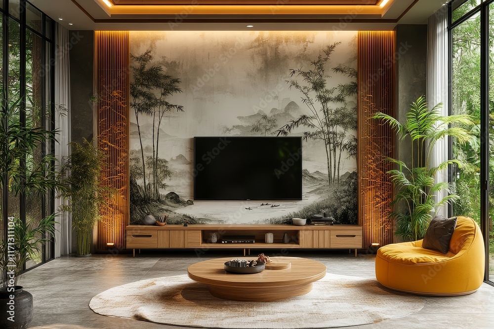 Fototapeta premium Modern Minimalist TV Background Wall with Bamboo Ink Drawing, Gray and White Colors, Light Wood Top, Yellow Armchair for Relaxation, Elegant Eastern Aesthetic