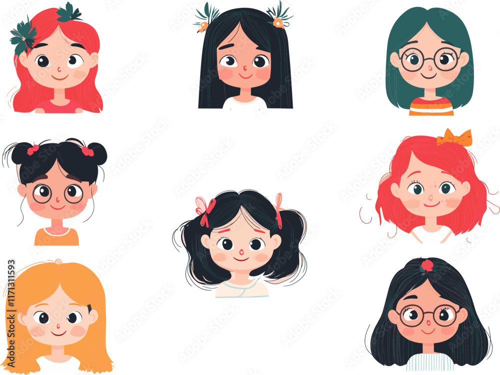 A set of girl cartoon vector icon illustrations flat style. A set of girl cartoon vector icon illustrations flat style.