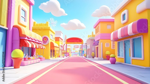 Colorful cartoon town street scene, buildings, road, shops, plants, sunny day.