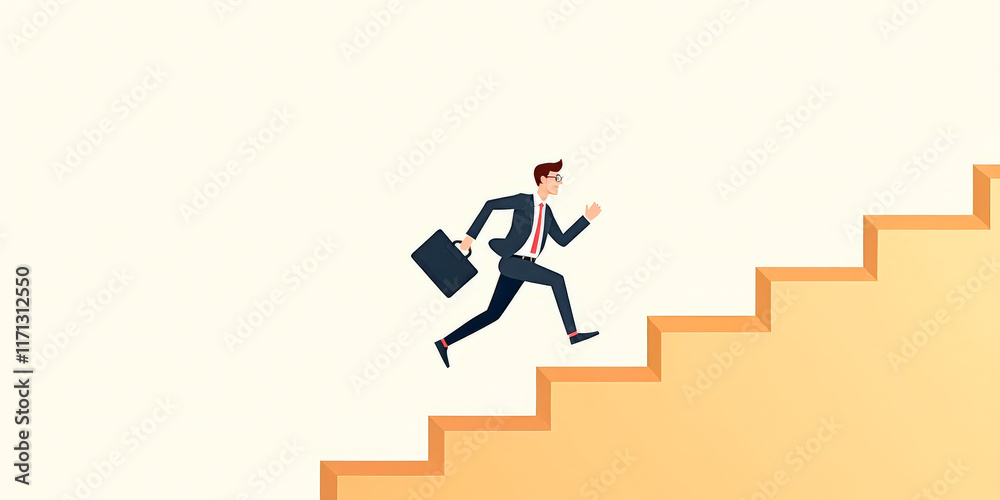 cartoon, a businessman with a briefcase runs late up the stairs cartoon, a businessman with a briefcase runs late up the stairs
