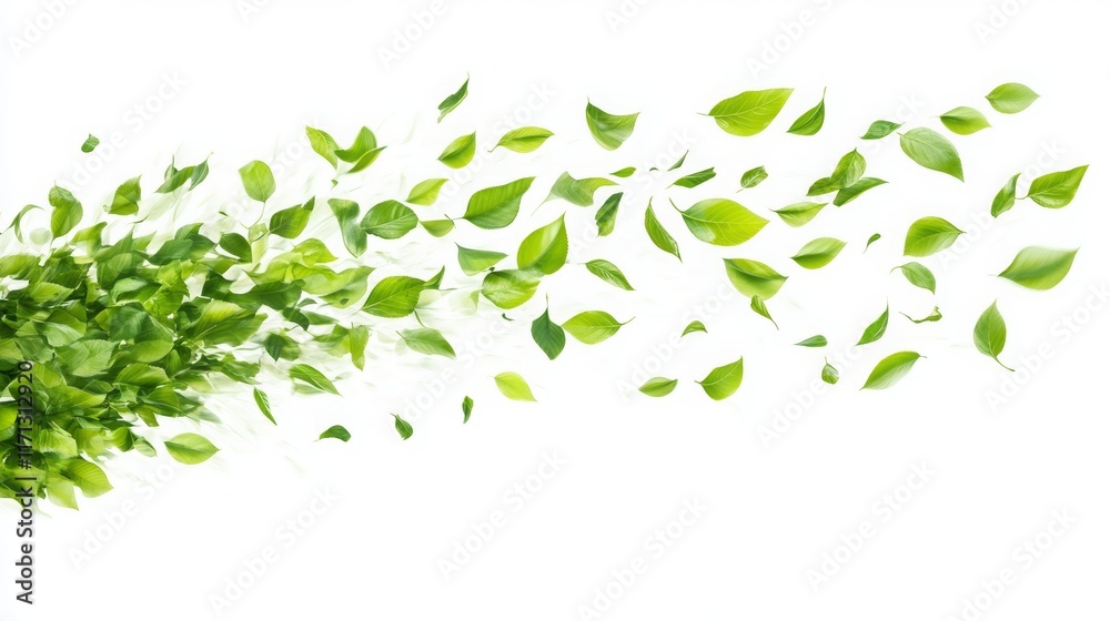 green flying leaves isolated on white background with copy and text space, 16:9 green flying leaves isolated on white background with copy and text space, 16:9