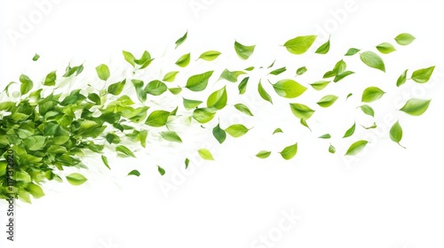 green flying leaves isolated on white background with copy and text space, 16:9