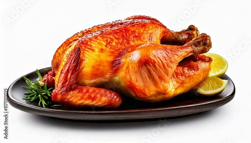 Juicy and tender whole roast chicken with golden, crispy skin. Perfectly cooked for gourmet meals, family dinners, and holiday feasts decoration - isolated white background