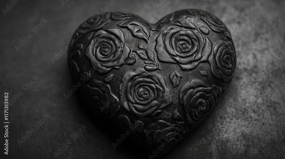 Monochrome image of a chocolate heart with embossed rose patterns, highlighting textures and depth Monochrome image of a chocolate heart with embossed rose patterns, highlighting textures and depth