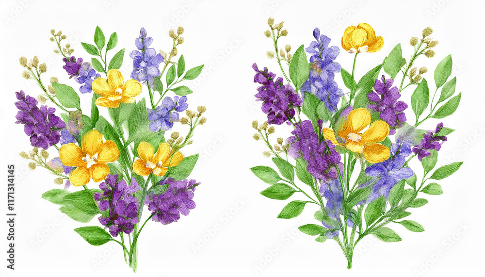 Obraz premium Watercolor painting of floral branches, green leaves. Yellow and purple flowers. Beautiful nature.