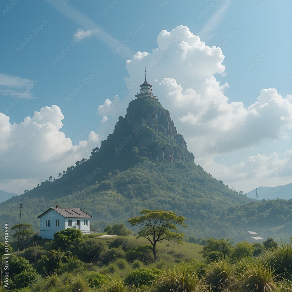 Traditional tower or villa located on a hill Traditional tower or villa located on a hill