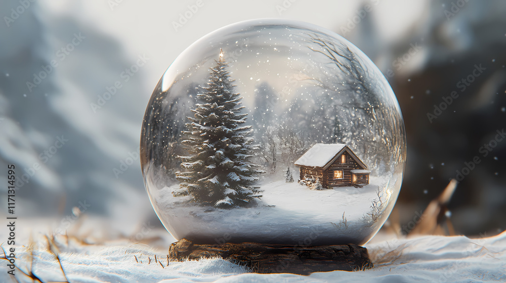 A crystal ball encapsulating a snowy winter scene with a cabin and a christmas tree. Snowglobe. Illustration A crystal ball encapsulating a snowy winter scene with a cabin and a christmas tree. Snowglobe. Illustration