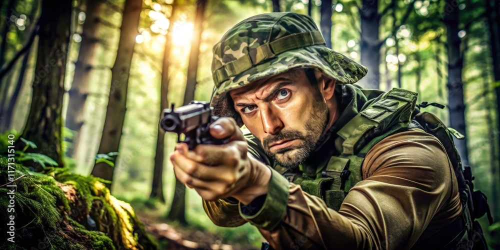 Obraz premium Military photography captures a soldier's focus: a camouflaged sniper aiming a revolver, hidden in the forest's embrace.