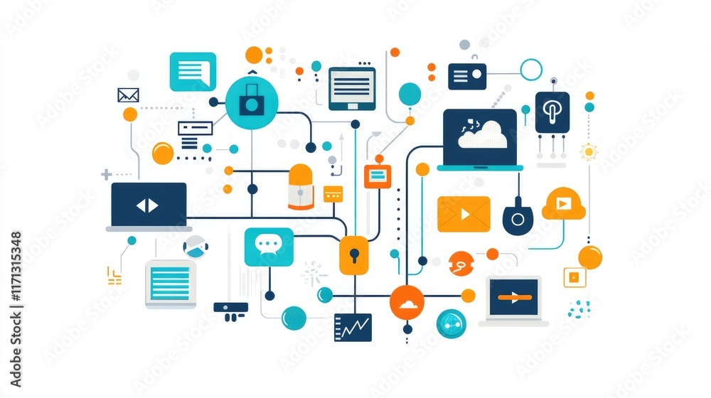 Network theme information technology a creative mind map chart clipart, brainstorming process element, colorful connected nodes, flat design, isolated on white background Network theme information technology a creative mind map chart clipart, brainstorming process element, colorful connected nodes, flat design, isolated on white background