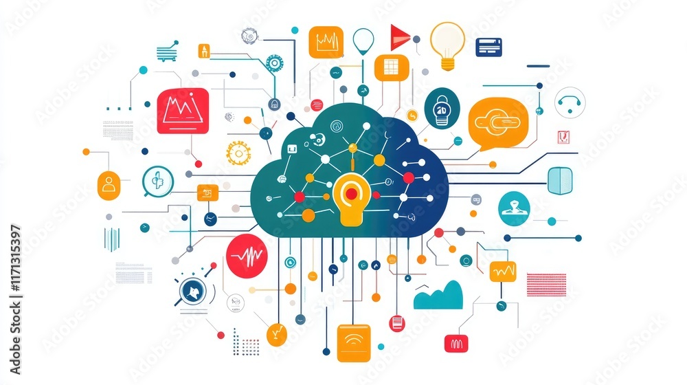 Fototapeta premium Network theme information technology a creative mind map chart clipart, brainstorming process element, colorful connected nodes, flat design, isolated on white background