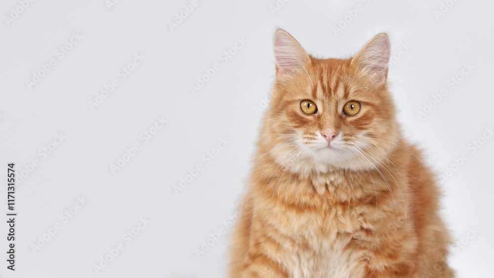 Beautiful ginger Cat looks at the camera. Kitten close-up on white background. Without people. Studio portrait of a red cat. Pet shop. Indoor cat. Copy space Beautiful ginger Cat looks at the camera. Kitten close-up on white background. Without people. Studio portrait of a red cat. Pet shop. Indoor cat. Copy space