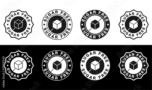 Sugar Free stamp Icon,  Vector Symbol Illustration.circular and star shape with sugar cube