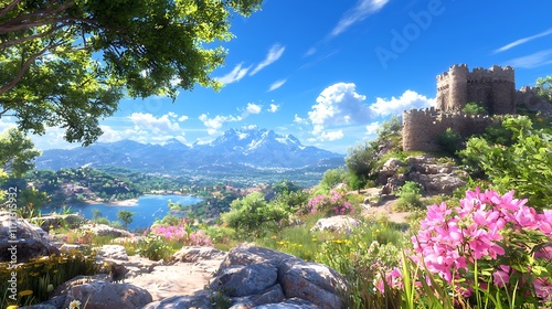 Fototapeta Naklejka Na Ścianę i Meble -  Sunny day landscape with medieval castle, lake, mountains, and blooming flowers.