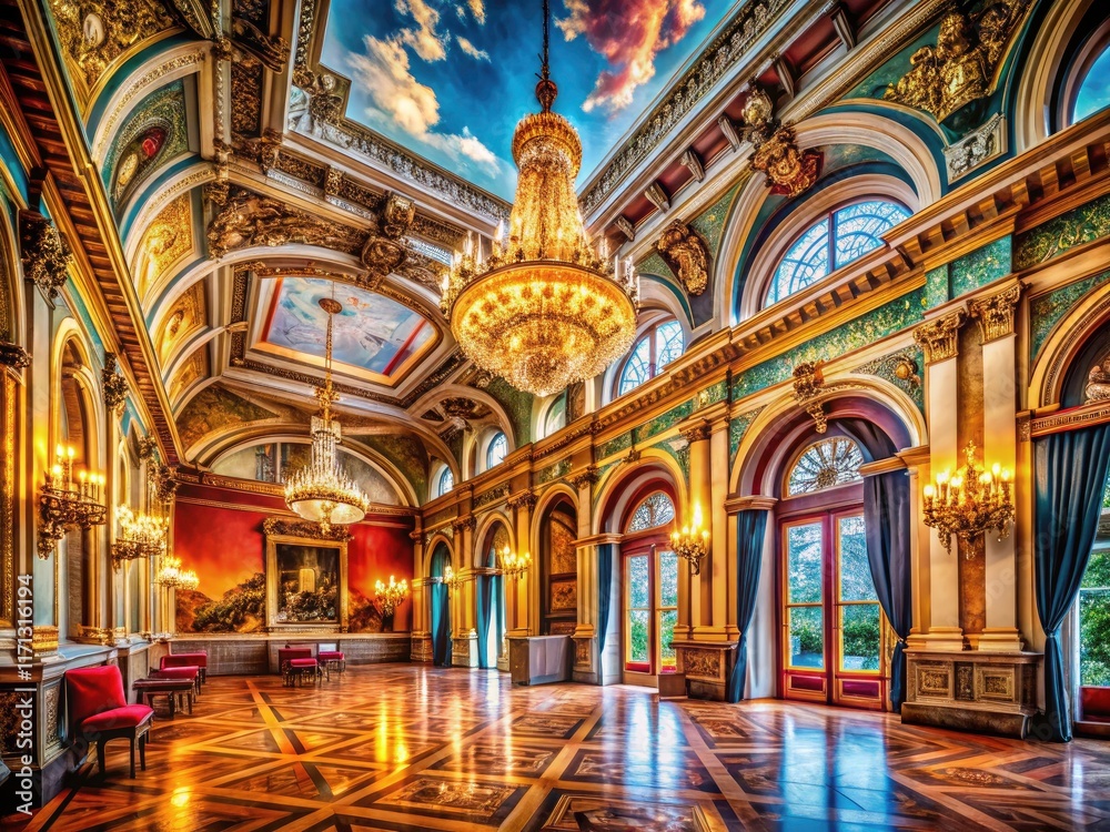 Obraz premium Modern hallway architecture complements the elegant ballroom's spacious design in this luxury event venue's grand hall.