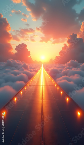 Surreal Runway to the Clouds: Golden Sunrise Dreamscape with Vibrant Skies