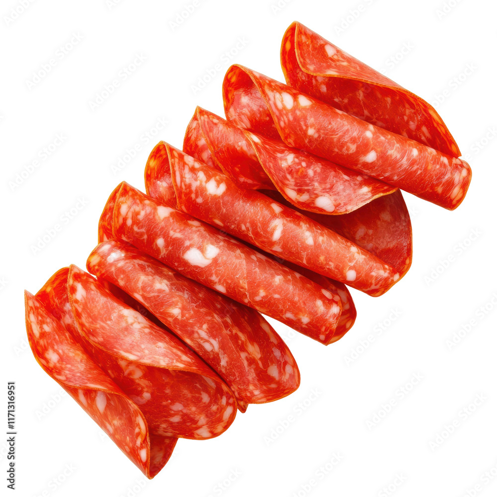 Sliced pieces of salami arranged on transparency background Sliced pieces of salami arranged on transparency background