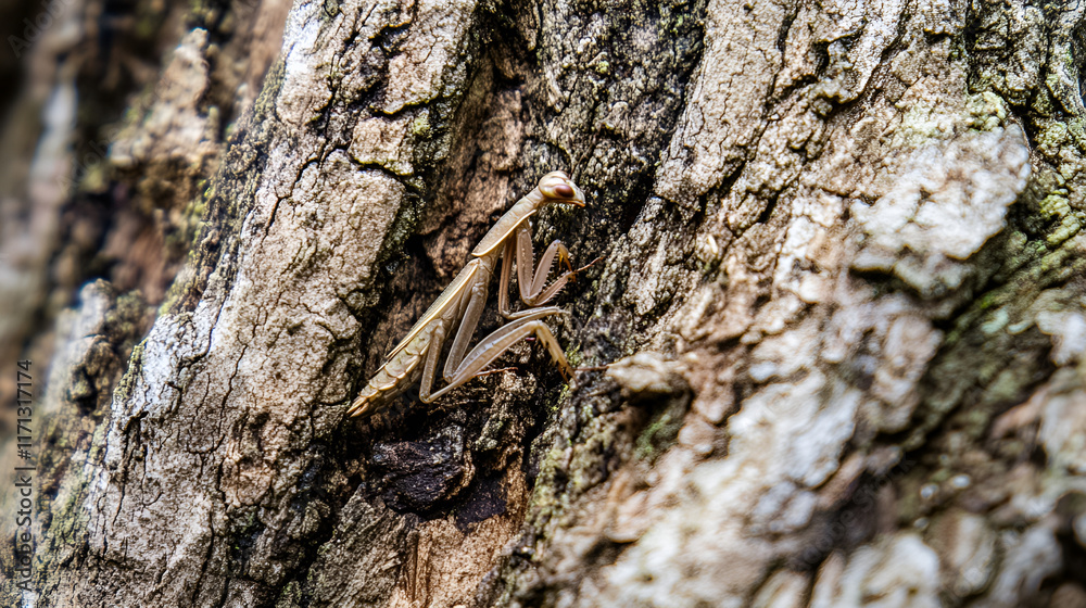 Praying mantis perched on textured tree bark in natural habitat showcasing camouflage abilities Praying mantis perched on textured tree bark in natural habitat showcasing camouflage abilities