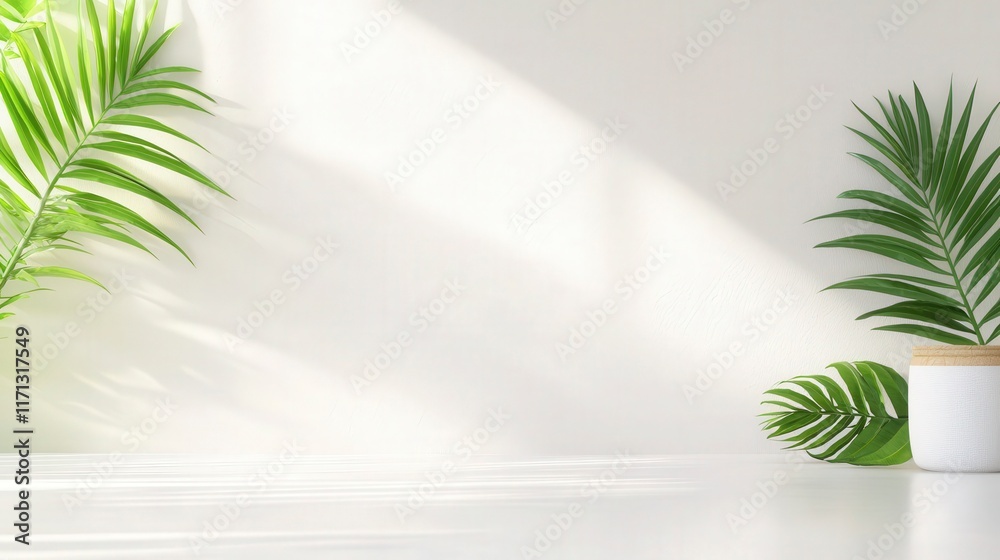 Fototapeta premium Minimalist White Background with Palm Leaves and Sunlight.