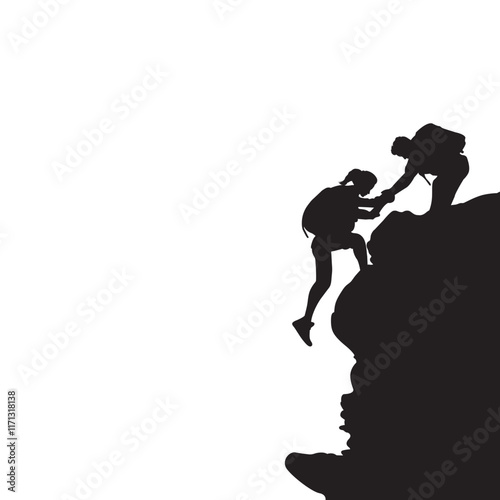 A silhouette of teamwork couple hiker helping hand trust assistance in mountains vector icon illustration isolated on white background. hiker art work.