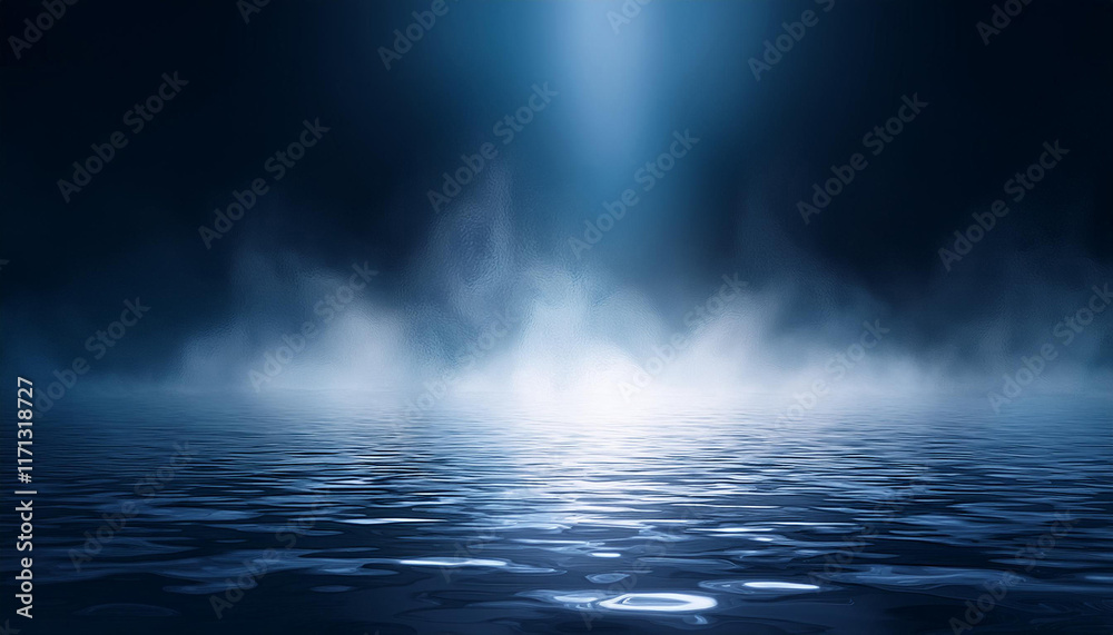 Fototapeta premium Water surface with magic neon glow from inside and smoke on top. Mystery dark background