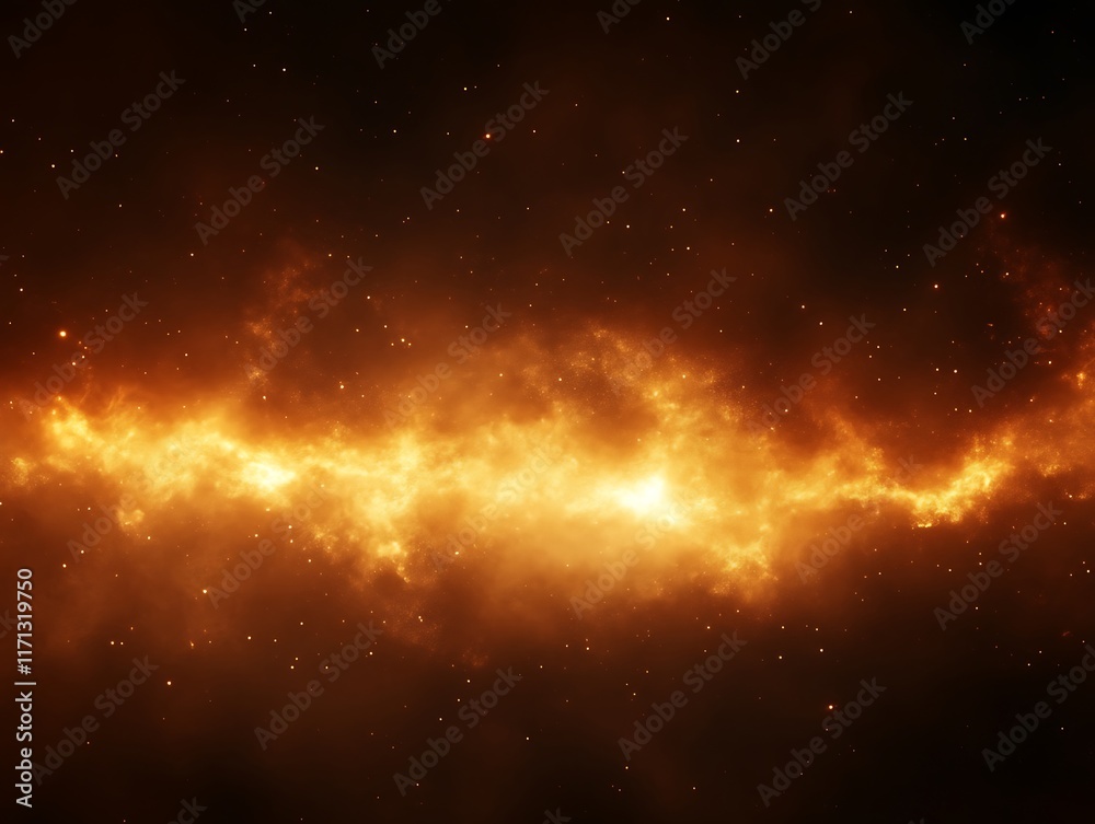 Obraz premium Fiery cosmic nebula, swirling orange and gold gases in space.