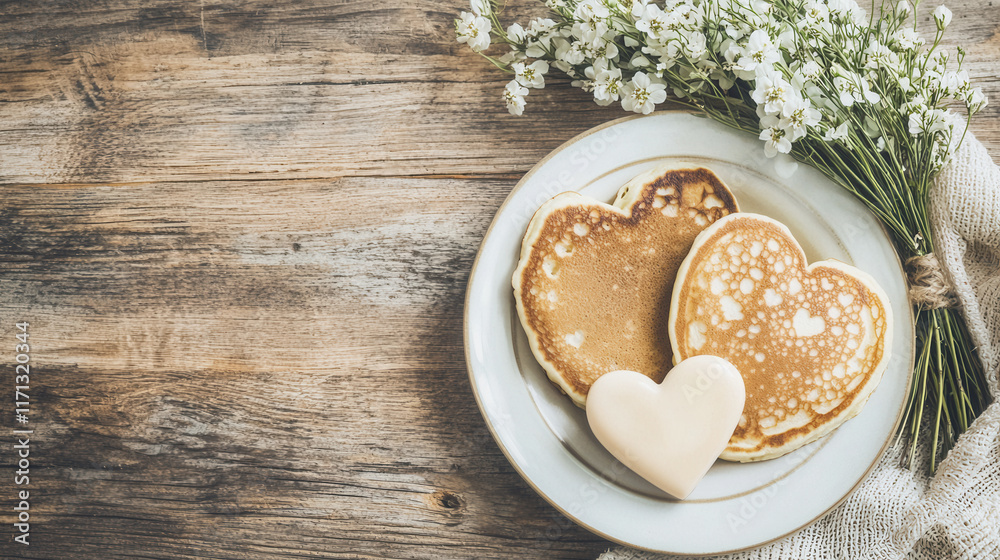 Heart shaped pancakes and cookie on plate with flowers on rustic table Heart shaped pancakes and cookie on plate with flowers on rustic table
