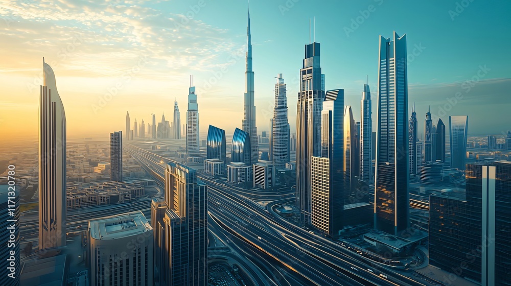 Stunning sunrise cityscape, modern architecture, skyscrapers, roads, and bridges. Stunning sunrise cityscape, modern architecture, skyscrapers, roads, and bridges.