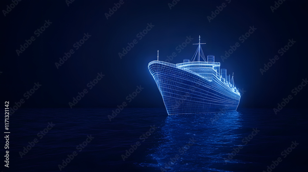 The front of the Titanic: A wireframe hologram render showcasing the iconic ship’s bow, designed in a futuristic digital style with advanced technology.