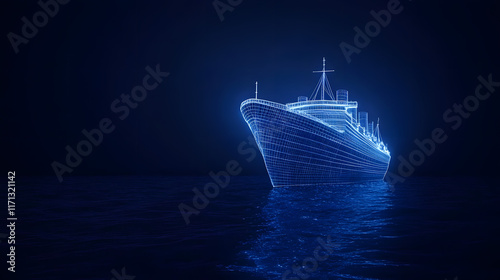 Obraz na płótnie The front of the Titanic: A wireframe hologram render showcasing the iconic ship’s bow, designed in a futuristic digital style with advanced technology.
w salonie