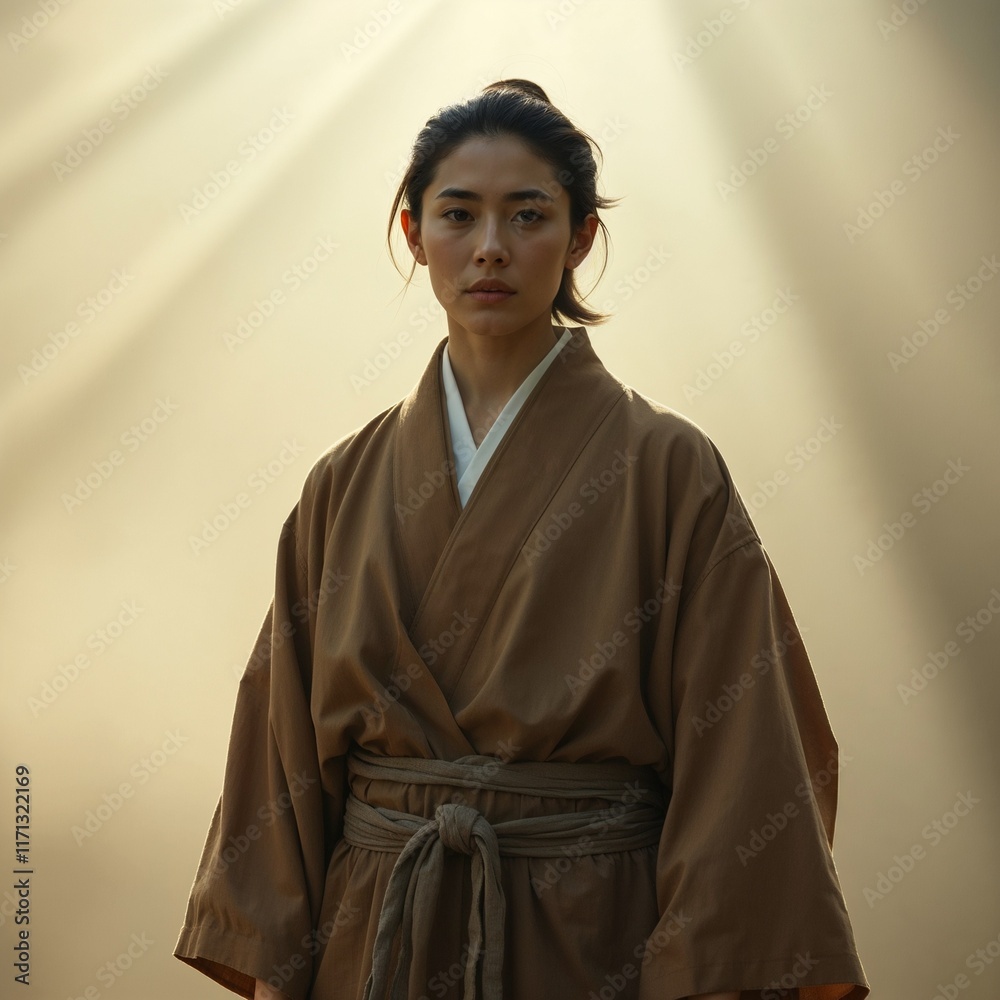Calm woman in traditional robe standing against soft light
Calm woman in traditional robe standing against soft light