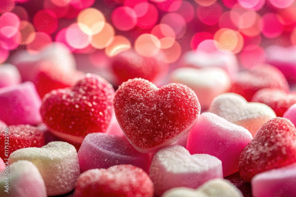 Fototapeta premium Romantic panoramic: heart-shaped candies create a festive Valentine's Day scene.
