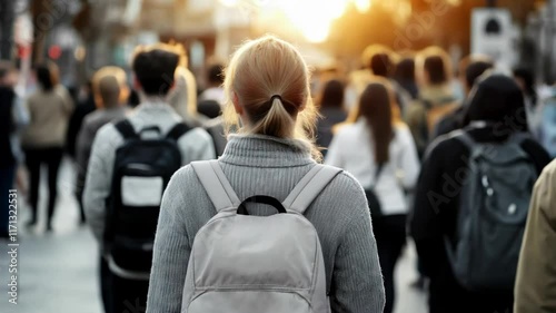 Wallpaper Mural crowd people walking down the street during the golden hour Torontodigital.ca
