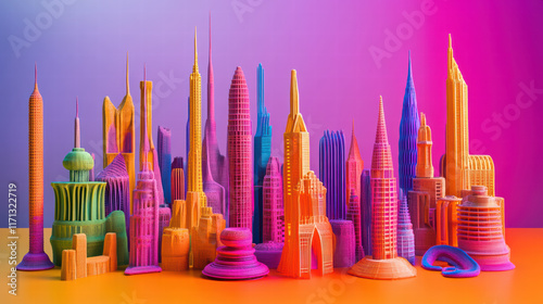 vibrant futuristic city skyline made from 3D printed structures, showcasing colorful skyscrapers and unique architectural designs. bright hues create lively atmosphere